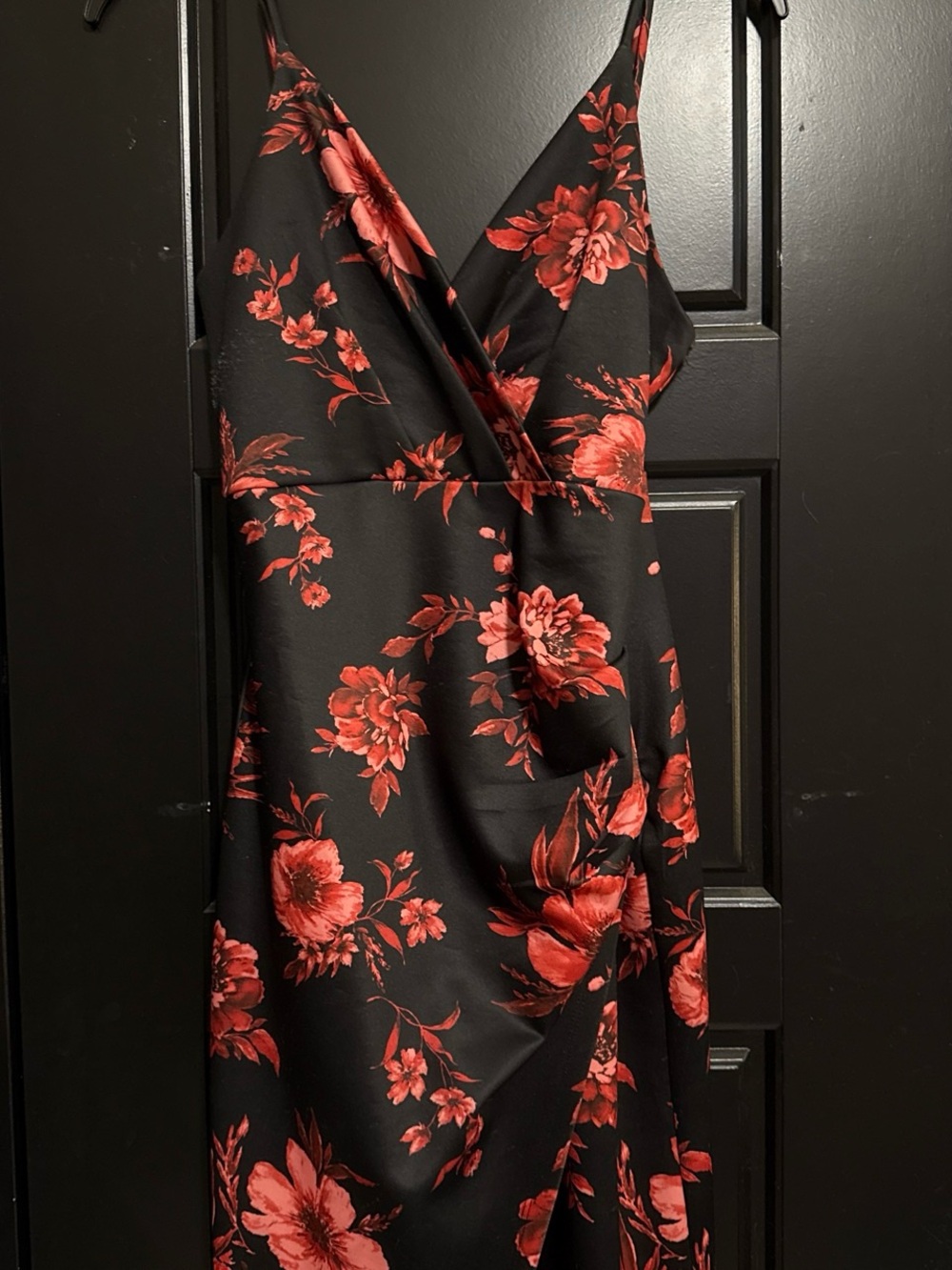 Black Slip Dress with Red Floral Print